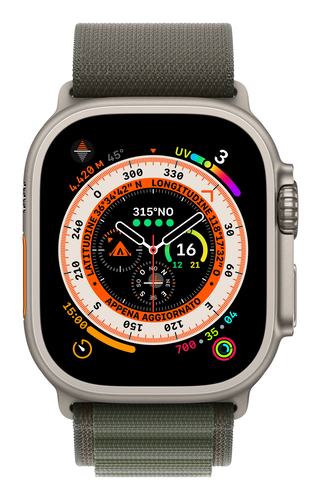 Apple Watch Ultra 49mm OLED display showing rugged adventure interface