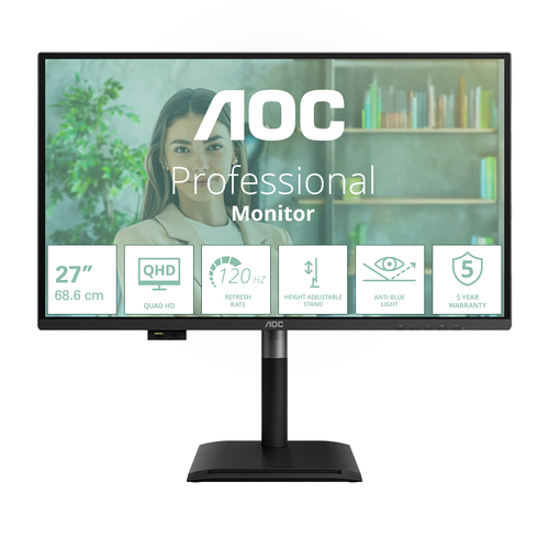 AOC (Q27P4U), 68.6 cm (27"), 2560 x 1440 pixels, Wide Quad HD, LCD Monitor Black