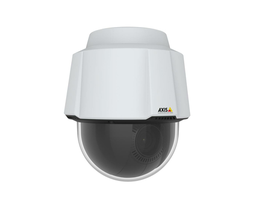 Axis P5654-E Mk II indoor outdoor IP camera mounted on ceiling showing black and white housing