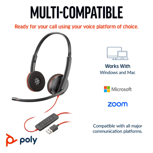 POLY (8X2J9A6) Blackwire 3220 Stereo USB-C/A Adapter, Wired, Headset/Headphones, Black