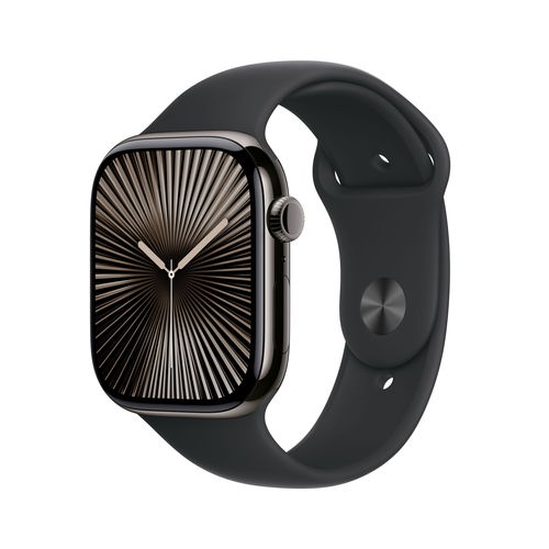 Apple Smartwatch Series 10 slate titanium case with black sport band showing always on OLED display front view
