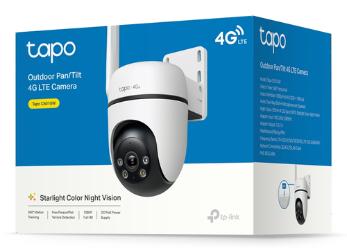 Tapo C501GW camera showing 360° pan and 130° tilt with night vision