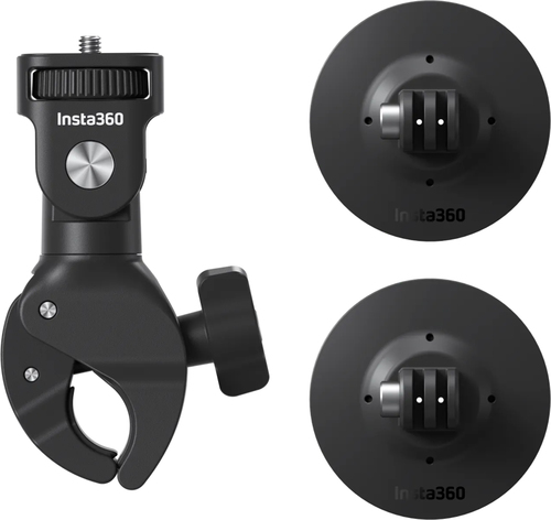 Insta360 Motorcycle Kit components layout showing clamps, adapters, and mounting accessories