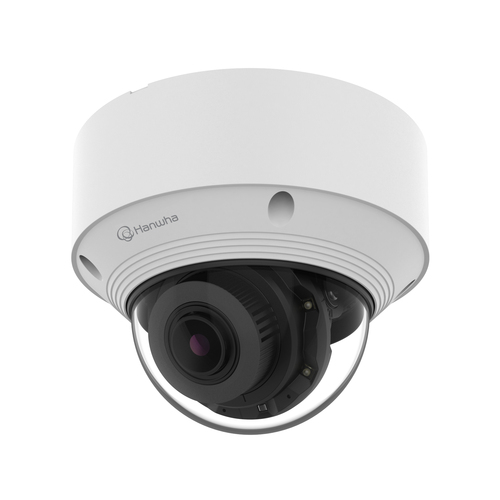 Hanwha QNV-C8083R dome surveillance camera with IR night vision and weatherproof white housing