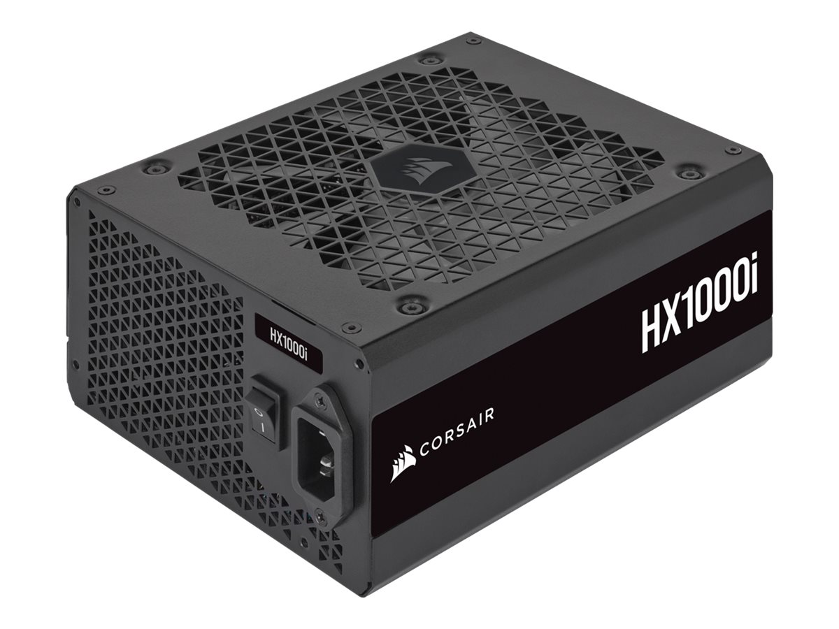 Close-up of Corsair HX1000i PSU fan grille and top mounting screws