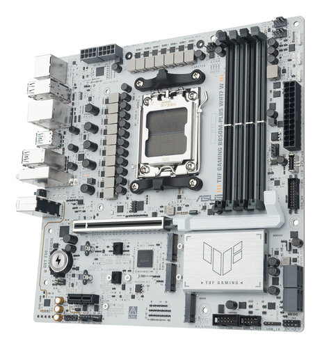 ASUS TUF Gaming B850M-PLUS WIFI7 W motherboard installed in white PC build