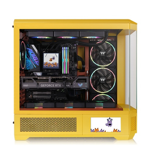 Side view of Thermaltake Full Tower PC case with tempered glass and multi color lighting.