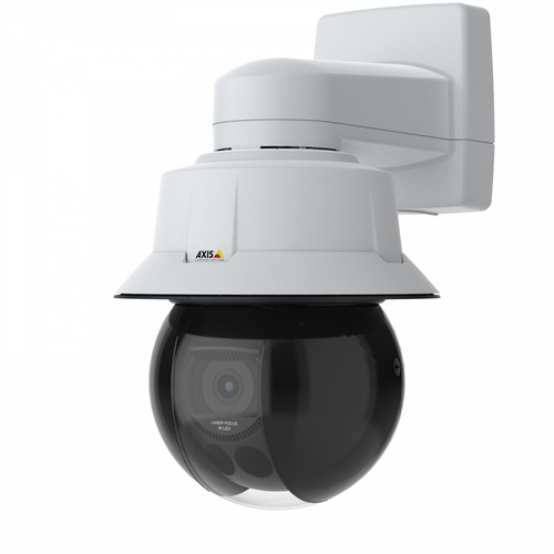 Axis 02446-003 outdoor wired IP camera mounted on a warehouse wall with 4K UHD resolution and 31x optical zoom