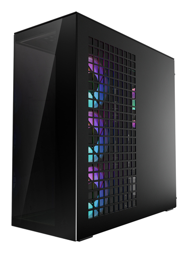 Side angle of ARCTIC Xtender Premium E-ATX gaming PC case highlighting tempered glass panels.