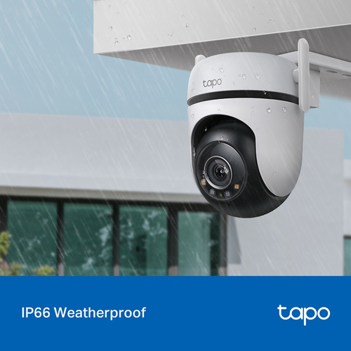 TP-Link Tapo Outdoor Pan/Tilt Wi-Fi IP camera mounted on a wall showing black and white design
