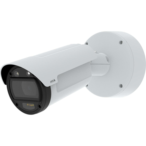 Axis Q1808-LE outdoor wired digital PTZ IP camera mounted on a white wall, 4K resolution with IR and white-light LEDs