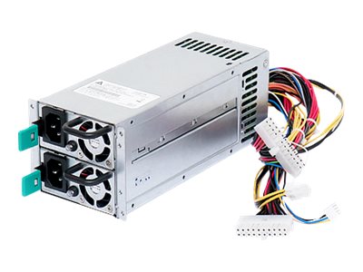 Rear view of Synology 500W PSU showing IEC power inputs and connector ports