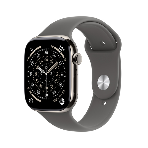 Apple Watch Series 11 Stone Grey Sport Band S M side profile highlighting sapphire glass and slim titanium design