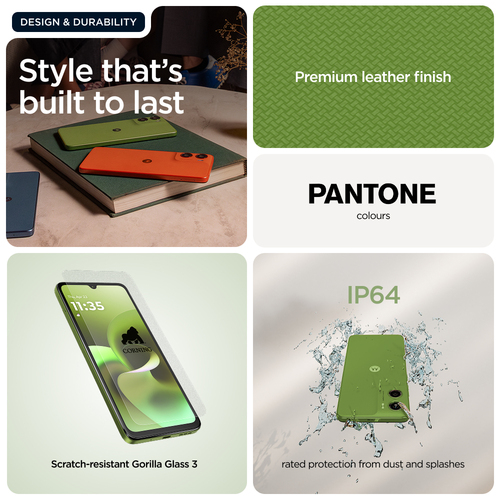 moto g06 green and orange back panels with leather finish and Gorilla Glass 3