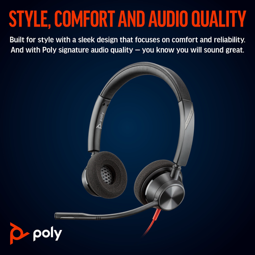 POLY Blackwire 3320 Stereo USB-C/A Adapter, Wired, 20 - 20000 Hz, Headset/Headphones, Black