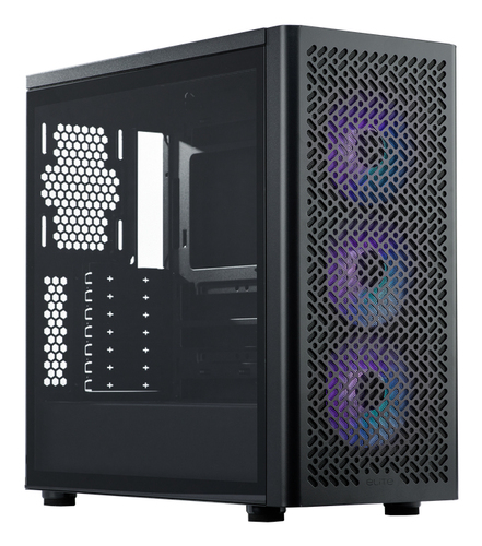 Cooler Master Elite 502 black midi tower showing front mesh panel and airflow
