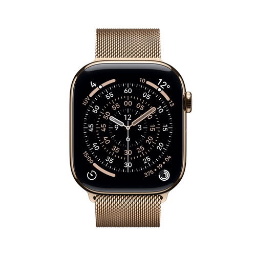 Apple Watch Series 11 Gold Titanium smartwatch with stainless steel band, water-resistant design.