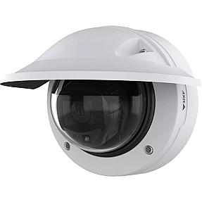 Axis P3277-LVE ceiling-mounted dome camera, showing its black and white design and rugged IK10/IP66 housing