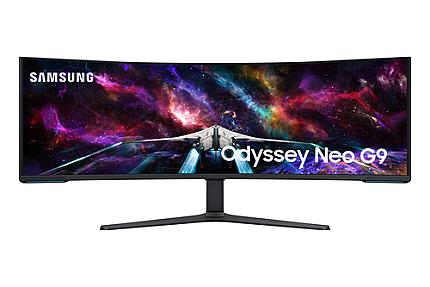 Samsung Odyssey Neo G9 G95NC 57-inch Dual 4K gaming monitor with 7680 x 2160 resolution in black and white