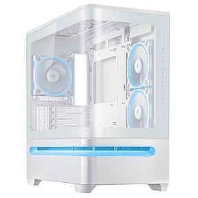 ASUS Prime AP202 ARGB white midi tower PC with panoramic tempered glass panel showing internal components