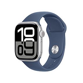 Side view of Apple Watch Series 10 aluminium case with blue denim sport band and digital crown