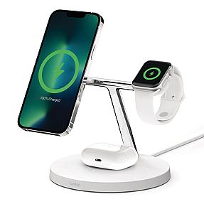 Belkin 3 in 1 wireless charging station white charging phone watch earbuds