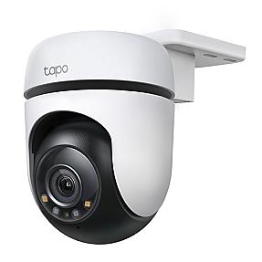 TP-Link Tapo Outdoor Pan/Tilt Camera mounted on a porch wall, showing 360° horizontal and 130° vertical rotation