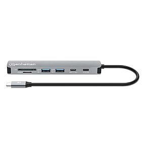 Manhattan USB-C hub with card reader and 100W power delivery in space grey aluminum body