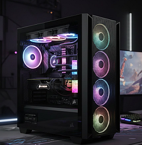 Corsair FRAME 5000D RS ARGB black midi tower PC front view with tempered glass