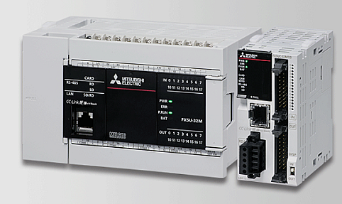 Mitsubishi Electric MELSEC iQ F Series FX5U compact PLC CPU controller front view with display and control ports