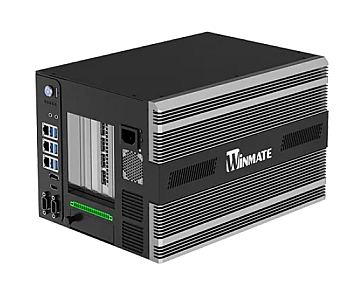 WNAI-E800 industrial computer side view with metal chassis and cooling fan design