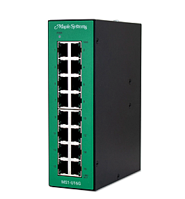 Close-up of RJ45 ports on 16 port unmanaged Gigabit switch