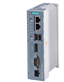 Siemens IOT2050 IoT gateway front view with dual Ethernet ports and compact design