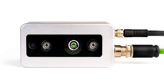 FRAMOS D435e depth camera front view with stereo IR sensors and GigE PoE port