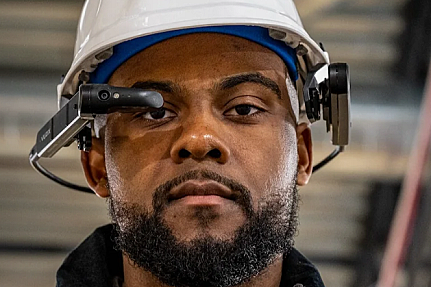 Vuzix M400 smart glasses camera lens close up with LED flash