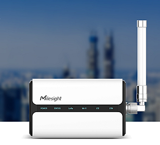 UG65 LoRaWAN gateway front view with IP65 enclosure and LED indicators