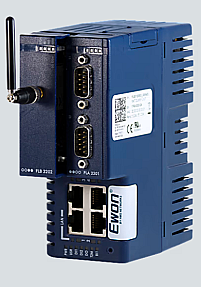 Ewon Flexy 205 industrial VPN gateway front view with DIN rail mounting design for IIoT connectivity