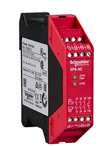 Schneider Electric XPSAC safety relay module DIN rail mounted with screw terminals and LED indicators for emergency stop circuits