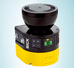 Industrial safety laser scanner 64m warning range device mounted angle view