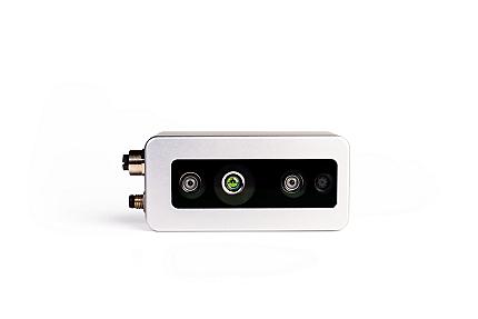 FRAMOS D435e depth camera front view with stereo IR sensors and GigE PoE port