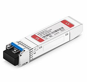 FS.com GLC-LH-SMD SFP transceiver angled view showing duplex LC port and 1310nm 10km label
