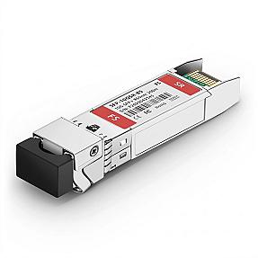Fs.com SFP-10GSR-85 10G SFP+ transceiver angled view showing gold contacts and duplex LC port