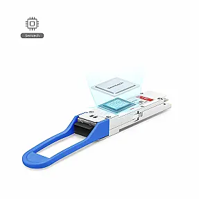 QSFP-100G-LR4-S transceiver with blue pull tab and Semtech chip shown in exploded view