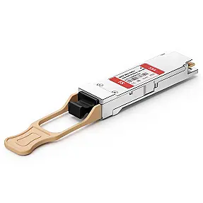 QSFP-100G-SR4-I transceiver with beige pull tab and visible 100G QSFP28 label