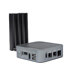 Sixfab ALPON X4 edge computer rear view showing USB, display, and power ports with four antennas