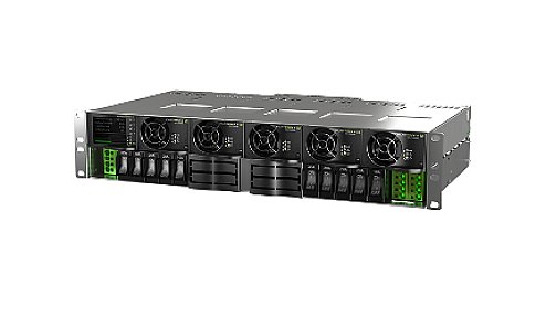 Delta Eltek Flatpack S 2U telecom power system front view with Smartpack controller and dual rectifier fans