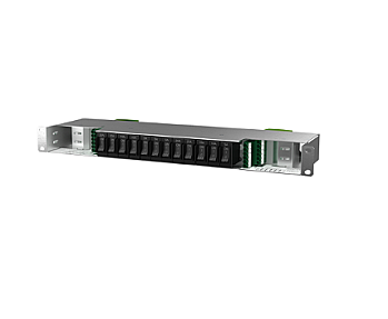 Delta D00001.018 1U 19-inch MCB distribution panel with front-facing circuit breakers and green terminal blocks