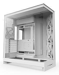 NZXT H9 Flow white gaming PC tower with mesh panels and tempered glass side panel