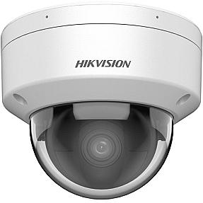 Hikvision DS-2CD2186G2H-ISU mounted on a wall showing outdoor surveillance with 2.8mm lens