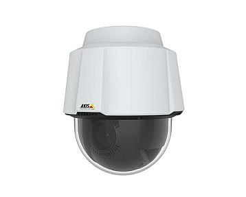 Axis P5654-E Mk II indoor outdoor IP camera mounted on ceiling showing black and white housing